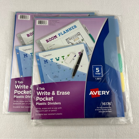 Avery 5 Tab Write & Erase Pocket Plastic Dividers 16176 Lot of 2 - Picture 1 of 11